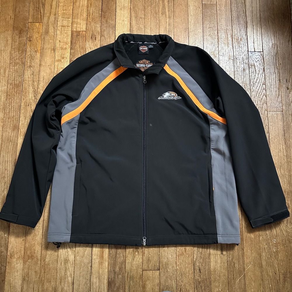 Harley Davidson Eagle Soft Shell Jacket‎ 2XL Black Orange Gray Biker Coat